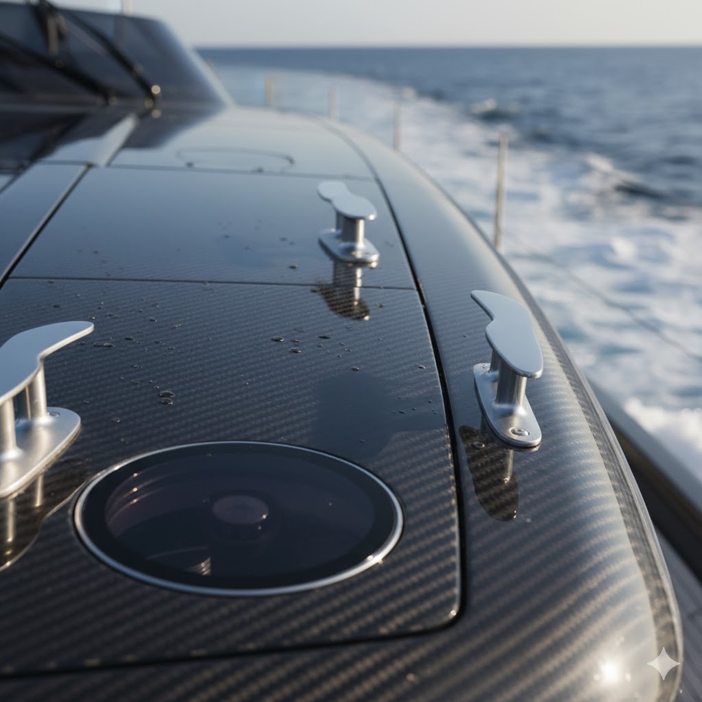 Detalhe do convés de iate com acabamento em fibra de carbono.